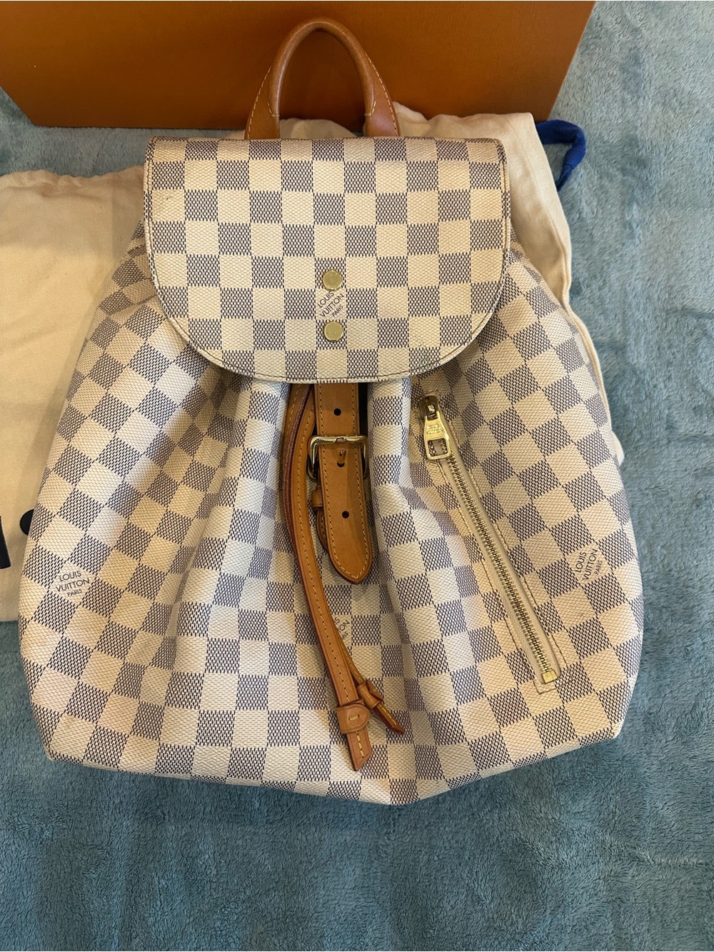 Louis Vuitton Damier Azur Check Canvas Backpack with Tan Leather Trim